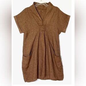 New Meo Meli Brown 100% Linen Pockets Ruched Boho Dress Sz S-
M - Made in Italy